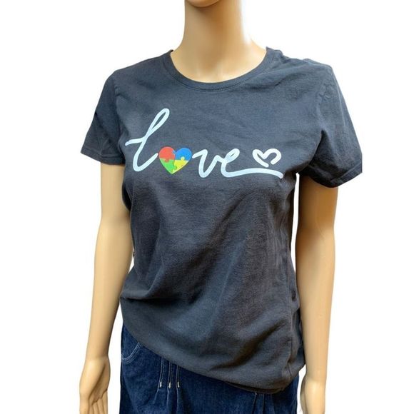 Port & Co Black "love" Short Sleeved Tee Shirt M (A-156) - Picture 1 of 4